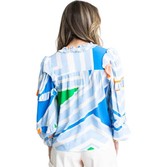 NEW KARLIE geometric ruffle top in blue - Picture 2 of 2